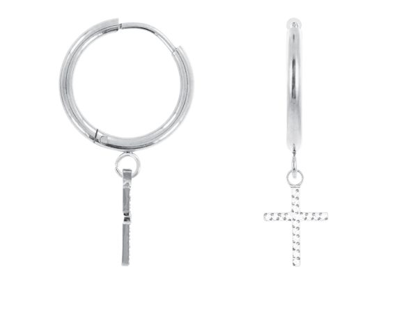 Créoles croix oxydes de zirconium en acier inoxydable argenté