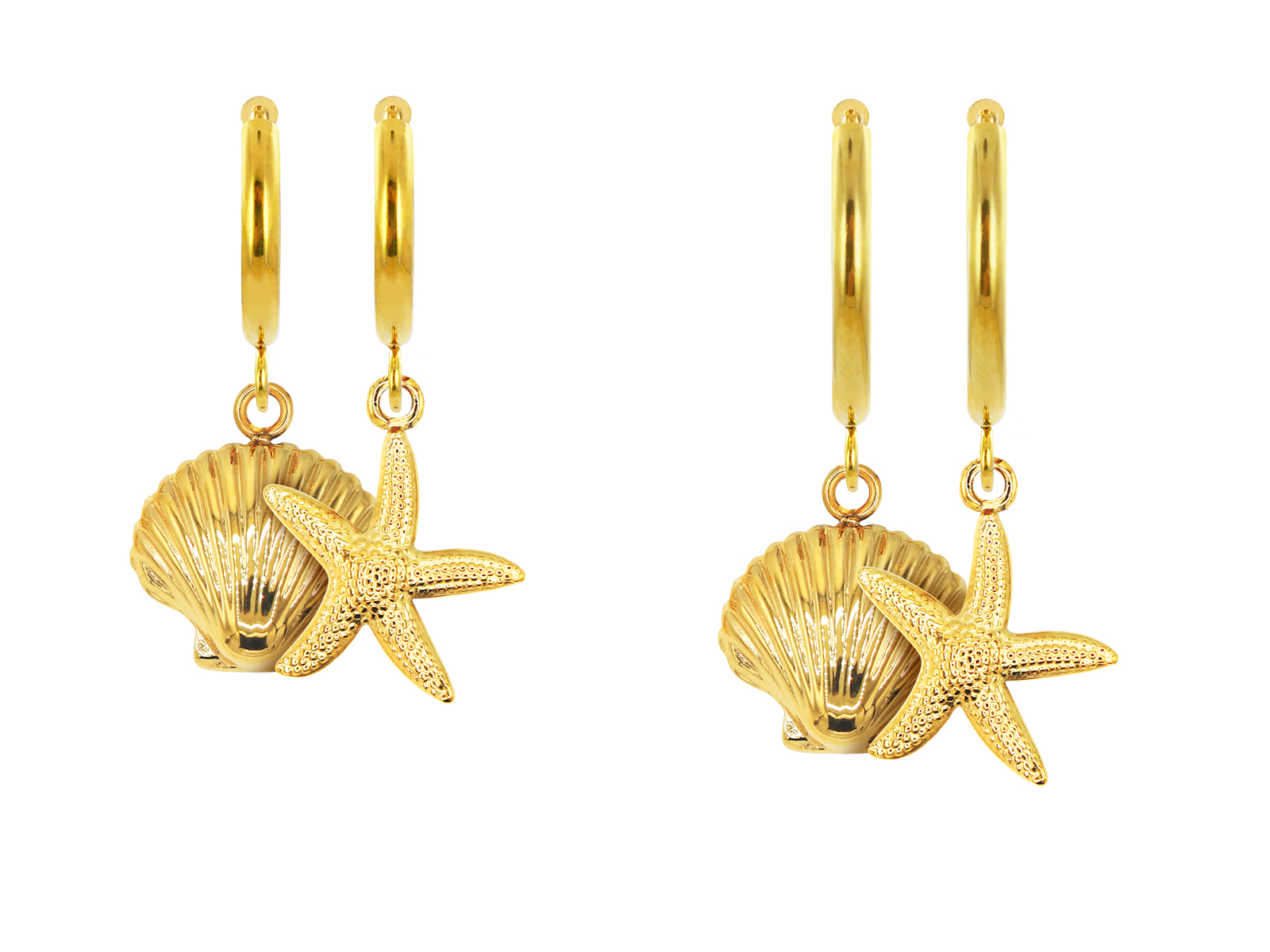 Créoles étoile de mer/coquillage en acier inoxydable doré