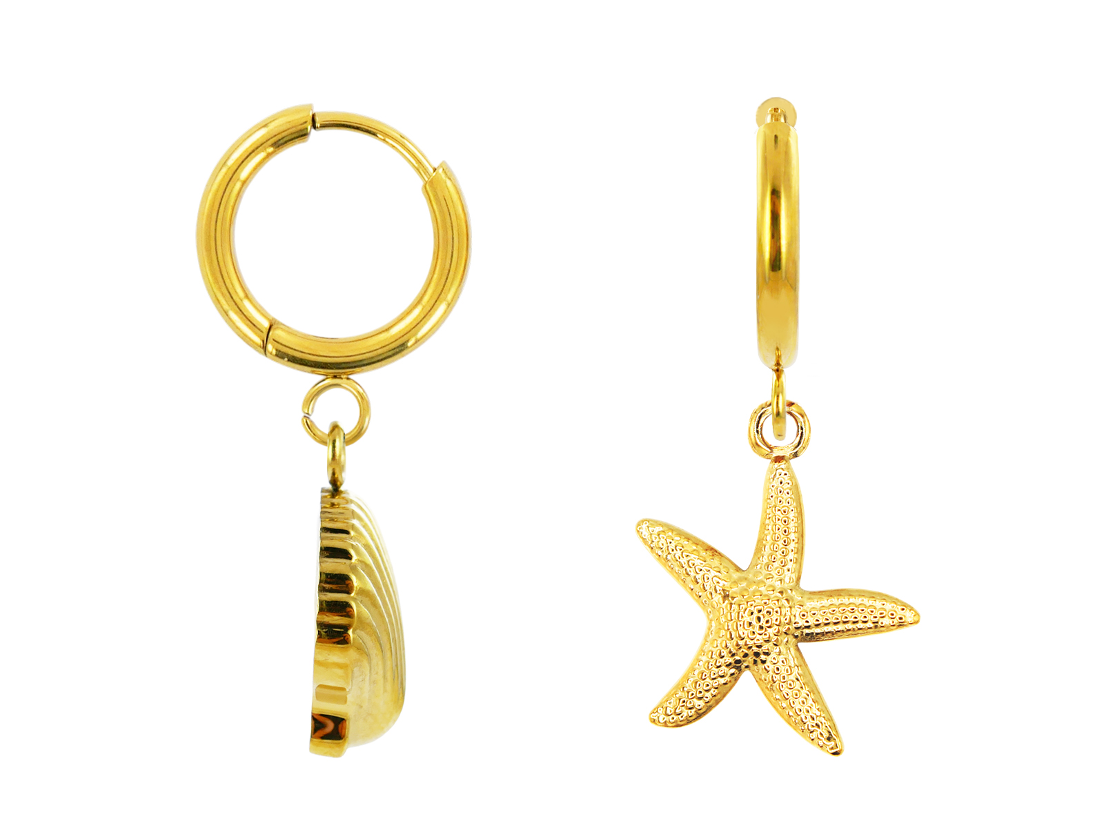 Créoles étoile de mer/coquillage en acier inoxydable doré