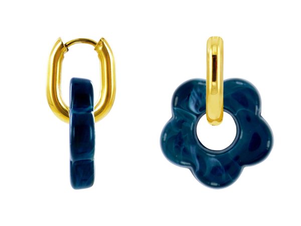 Créoles ovalisées fleur colorée en acier inoxydable doré