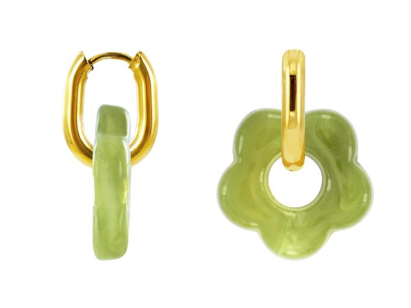 Créoles ovalisées fleur colorée en acier inoxydable doré