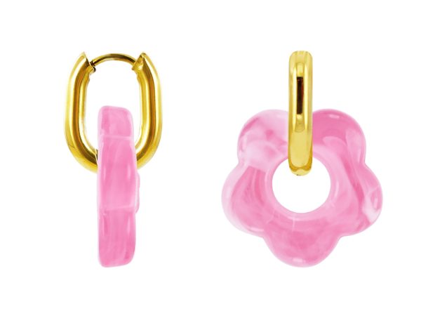 Créoles ovalisées fleur colorée en acier inoxydable doré