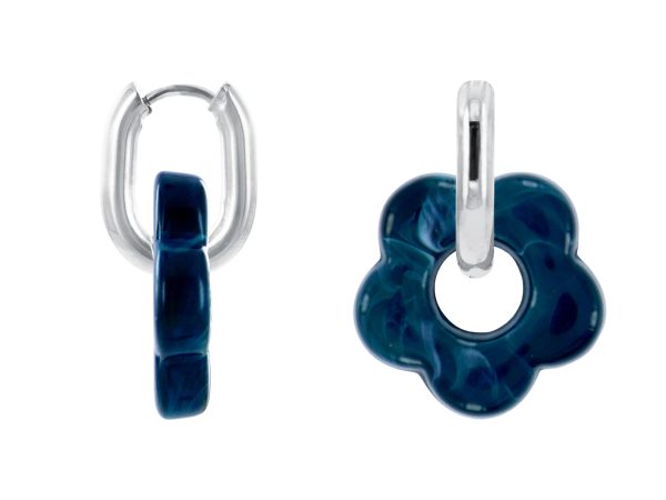 Créoles ovalisées fleur colorée en acier inoxydable argenté