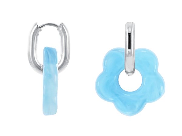 Créoles ovalisées fleur colorée en acier inoxydable argenté