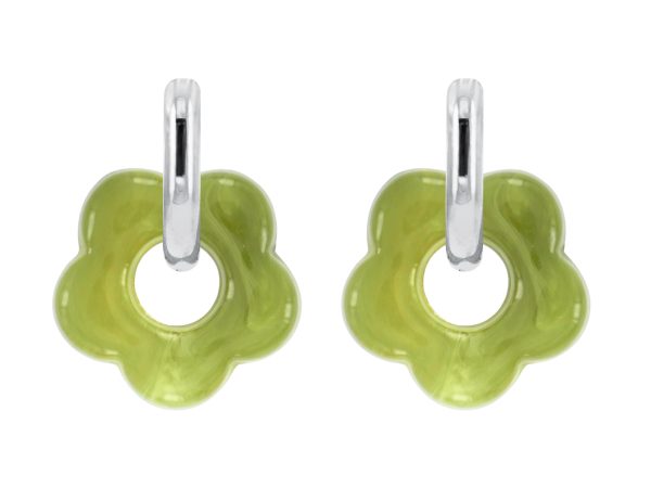 Créoles ovalisées fleur colorée en acier inoxydable argenté