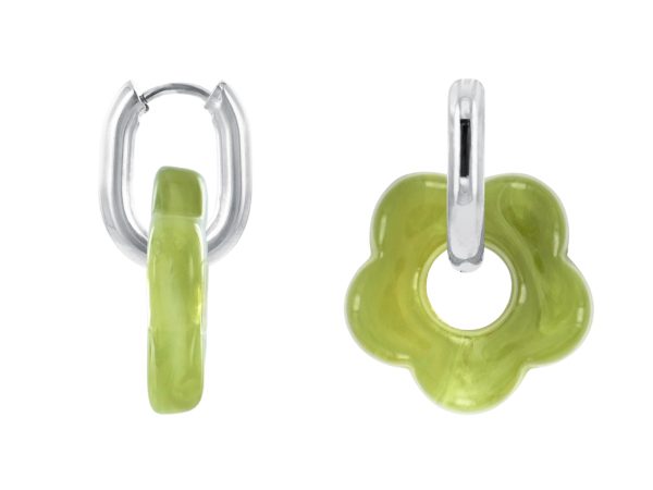 Créoles ovalisées fleur colorée en acier inoxydable argenté