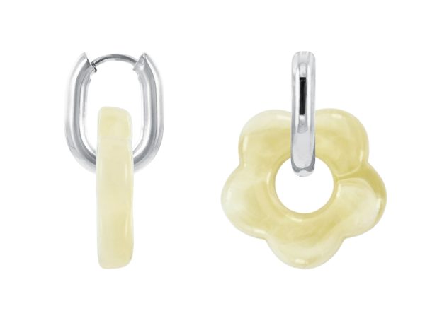 Créoles ovalisées fleur colorée en acier inoxydable argenté