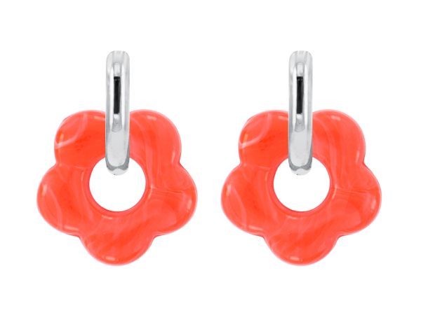 Créoles ovalisées fleur colorée en acier inoxydable argenté