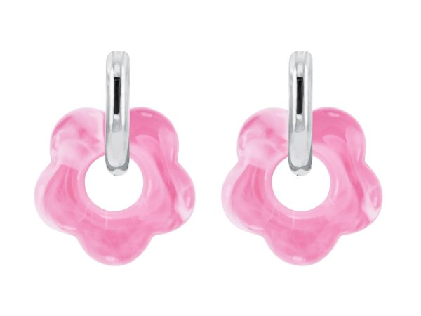 Créoles ovalisées fleur colorée en acier inoxydable argenté