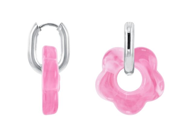 Créoles ovalisées fleur colorée en acier inoxydable argenté