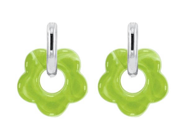 Créoles ovalisées fleur colorée en acier inoxydable argenté