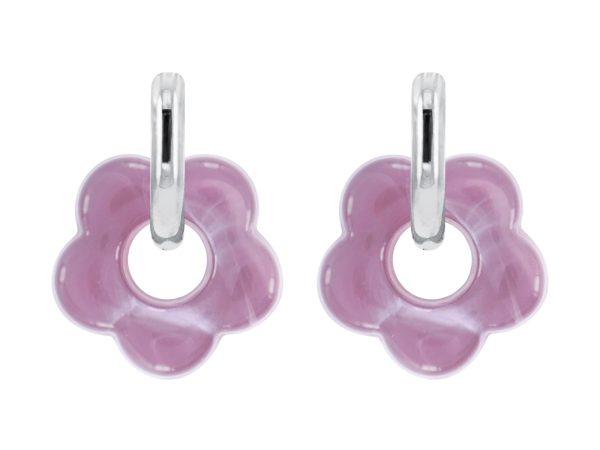 Créoles ovalisées fleur colorée en acier inoxydable argenté