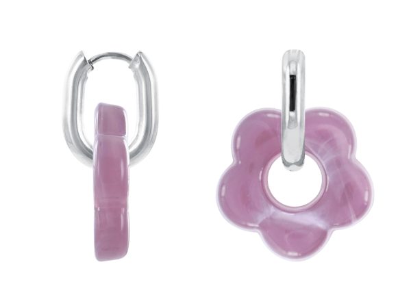 Créoles ovalisées fleur colorée en acier inoxydable argenté