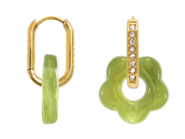 Créoles ovales oxydes de zirconium et fleur colorée en acier inoxydable doré