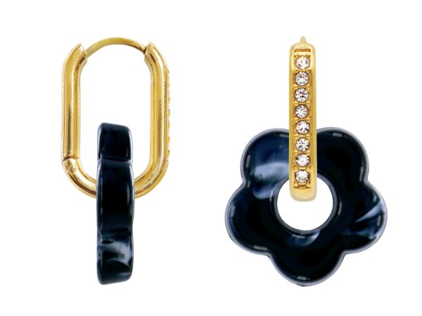 Créoles ovales oxydes de zirconium et fleur colorée en acier inoxydable doré