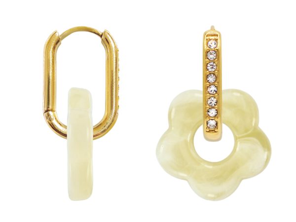 Créoles ovales oxydes de zirconium et fleur colorée en acier inoxydable doré