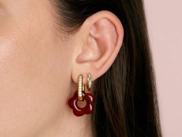 Créoles ovales oxydes de zirconium et fleur colorée en acier inoxydable doré