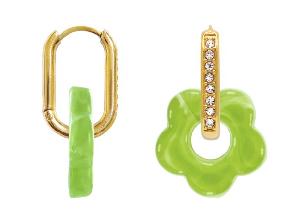 Créoles ovales oxydes de zirconium et fleur colorée en acier inoxydable doré