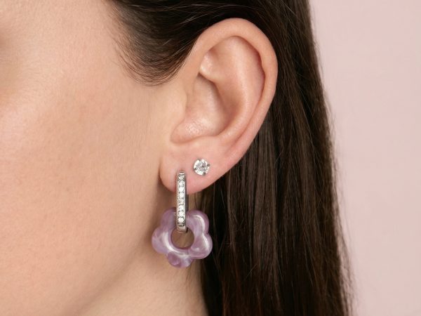 Créoles ovales oxydes de zirconium et fleur colorée en acier inoxydable argenté