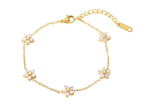 Bracelet fleurs oxydes de zirconium en acier inoxydable doré