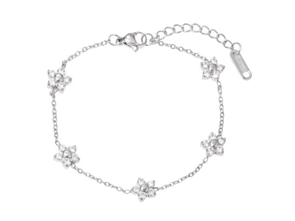 Bracelet fleurs oxydes de zirconium en acier inoxydable argenté
