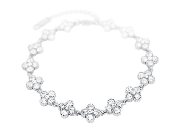 BRATRFL8CR-RH.jpg Bracelet trèfle 4 feuilles cristaux fantaisie en acier inoxydable argenté