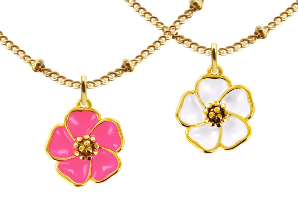 Prêt à vendre Création EMOTIONAL 22 Bijoux fleur de Sakura (4 colliers/4 Bracelets /4 Bagues/2 paires de Boucles d'oreilles/8 joncs) en acier inoxydable argenté et doré / Support offert