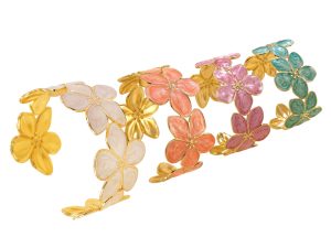 Jonc ajustable fleurs colorées en acier inoxydable doré