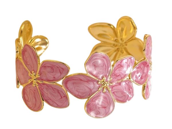 Jonc ajustable fleurs colorées en acier inoxydable doré