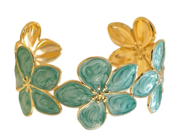 Jonc ajustable fleurs colorées en acier inoxydable doré