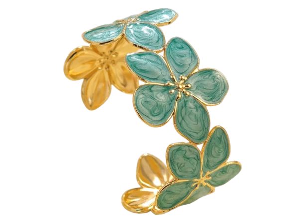 Jonc ajustable fleurs colorées en acier inoxydable doré