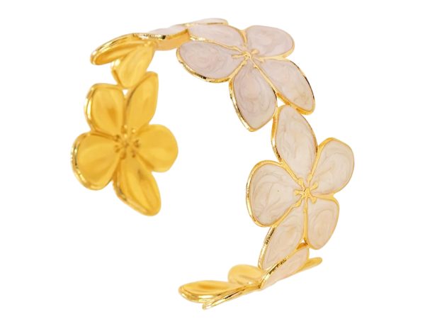 Jonc ajustable fleurs colorées en acier inoxydable doré