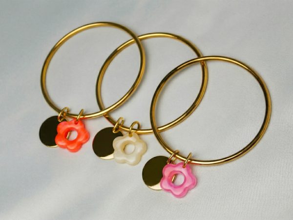 Jonc rigide médaille ronde à personnaliser (20mm) et fleur colorée en acier inoxydable doré