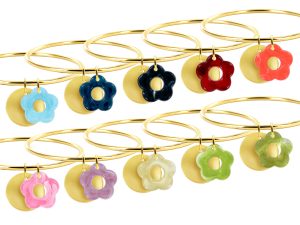 Jonc rigide médaille ronde à personnaliser (20mm) et fleur colorée en acier inoxydable doré