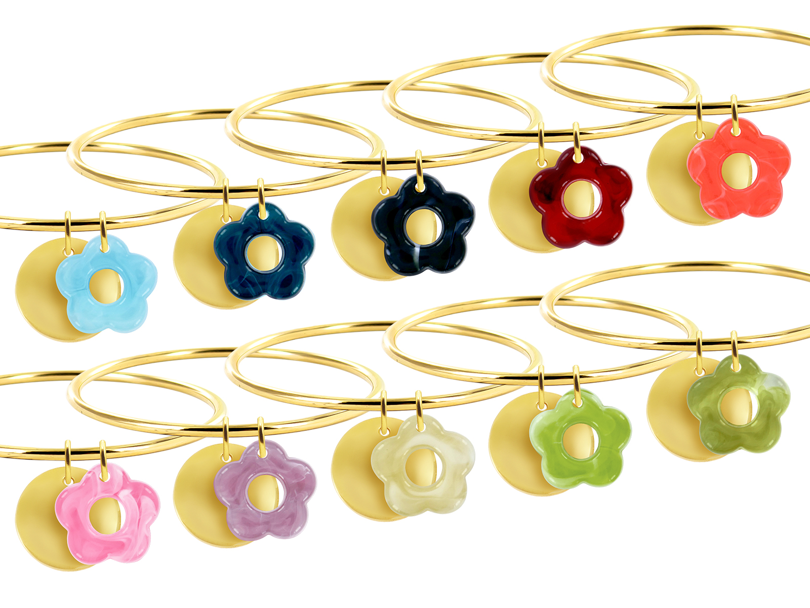 Jonc rigide médaille ronde à personnaliser (20mm) et fleur colorée en acier inoxydable doré