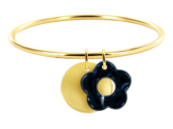 Jonc rigide médaille ronde à personnaliser (20mm) et fleur colorée en acier inoxydable doré