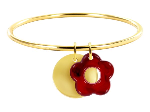 Jonc rigide médaille ronde à personnaliser (20mm) et fleur colorée en acier inoxydable doré