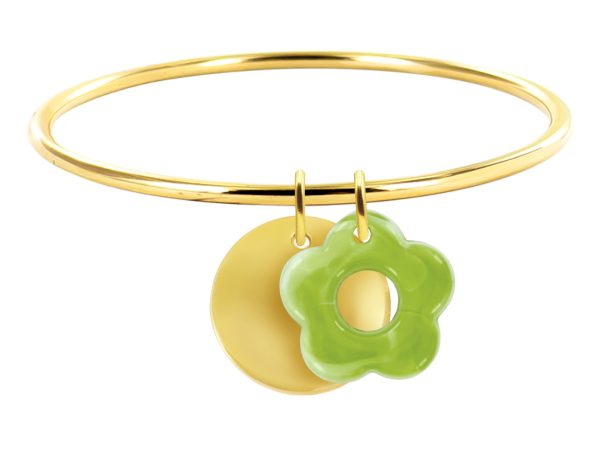 Jonc rigide médaille ronde à personnaliser (20mm) et fleur colorée en acier inoxydable doré