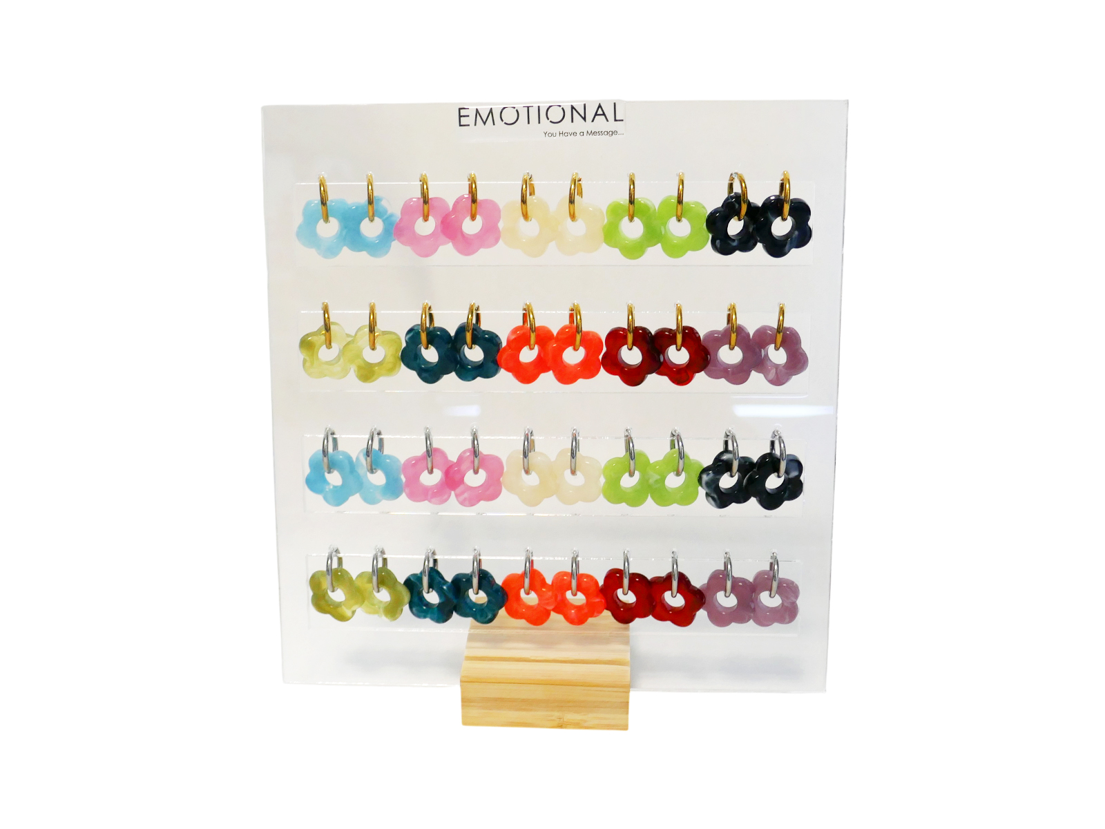 Prêt à vendre Boucles d'oreilles fleur en acrylique colorée (20 Paires de Boucles d'oreilles) en acier inoxydable argenté et doré / Support offert