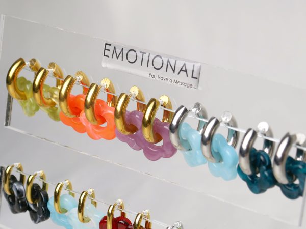 Prêt à vendre Bijoux fleur en acrylique colorée (4 Colliers /10 Bracelets / 30 Paires de Boucles d'oreilles / 7 Joncs / 20 Pendentifs) en acier inoxydable argenté et doré / Support offert (en précommande / livraison fin avril)
