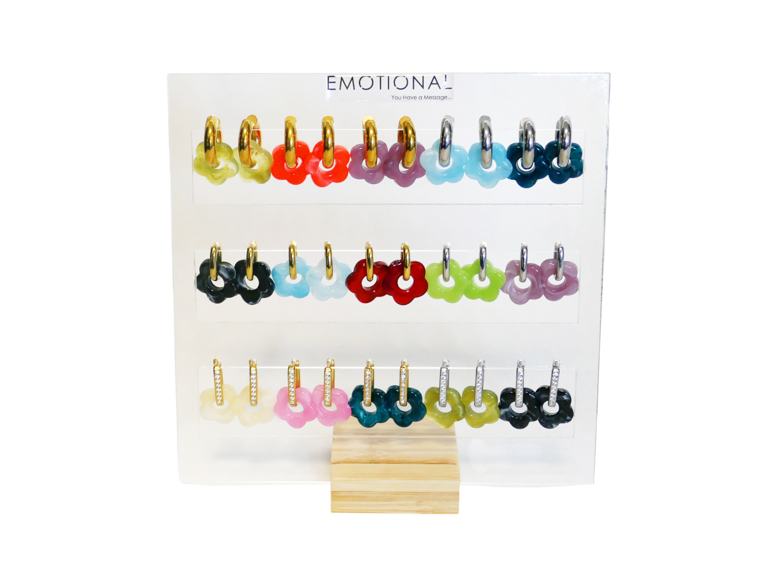 Prêt à vendre Boucles d'oreilles fleur en acrylique colorée (15 Paires de Boucles d'oreilles, 3 modèles différents) en acier inoxydable argenté et doré / Support offert