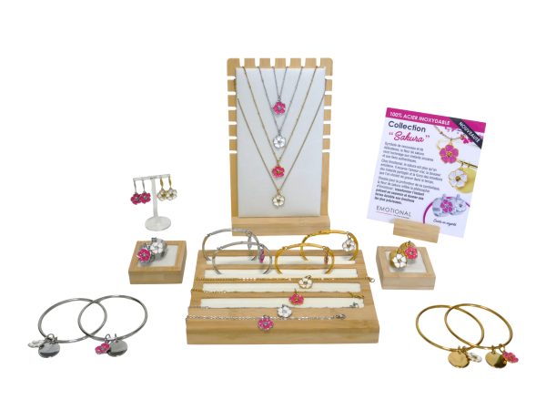 Prêt à vendre Création EMOTIONAL 22 Bijoux fleur de Sakura (4 colliers/4 Bracelets /4 Bagues/2 paires de Boucles d'oreilles/8 joncs) en acier inoxydable argenté et doré / Support offert