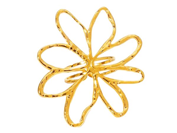 Bague ajustable fleur filigrane en acier inoxydable doré
