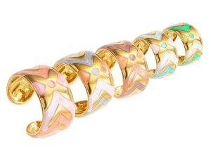Bague ajustable motifs géométriques en émail coloré en acier inoxydable doré