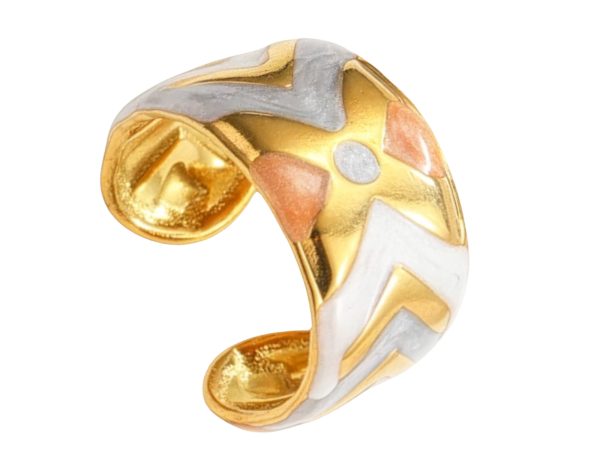 Bague ajustable motifs géométriques en émail coloré en acier inoxydable doré