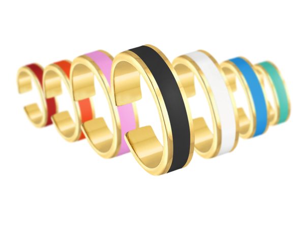 Bague ajustable avec bande émail coloré en acier inoxydable doré