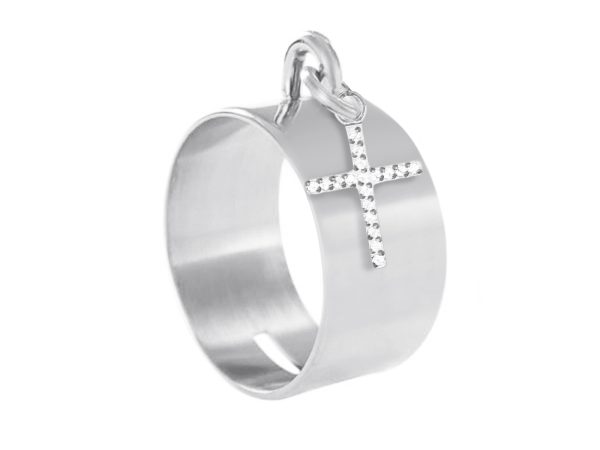 Bague tube croix oxydes de zirconium blancs en acier inoxydable argenté