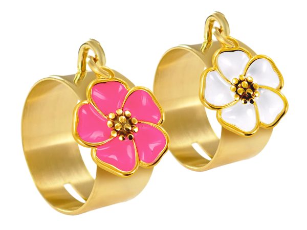 Prêt à vendre Création EMOTIONAL 22 Bijoux fleur de Sakura (4 colliers/4 Bracelets /4 Bagues/2 paires de Boucles d'oreilles/8 joncs) en acier inoxydable argenté et doré / Support offert