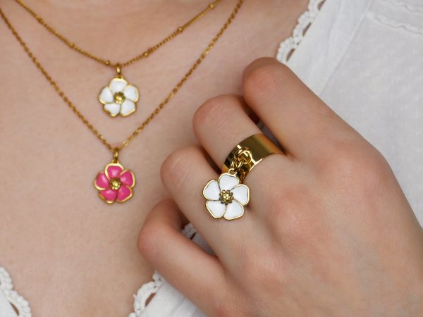 Prêt à vendre Création EMOTIONAL 22 Bijoux fleur de Sakura (4 colliers/4 Bracelets /4 Bagues/2 paires de Boucles d'oreilles/8 joncs) en acier inoxydable argenté et doré / Support offert