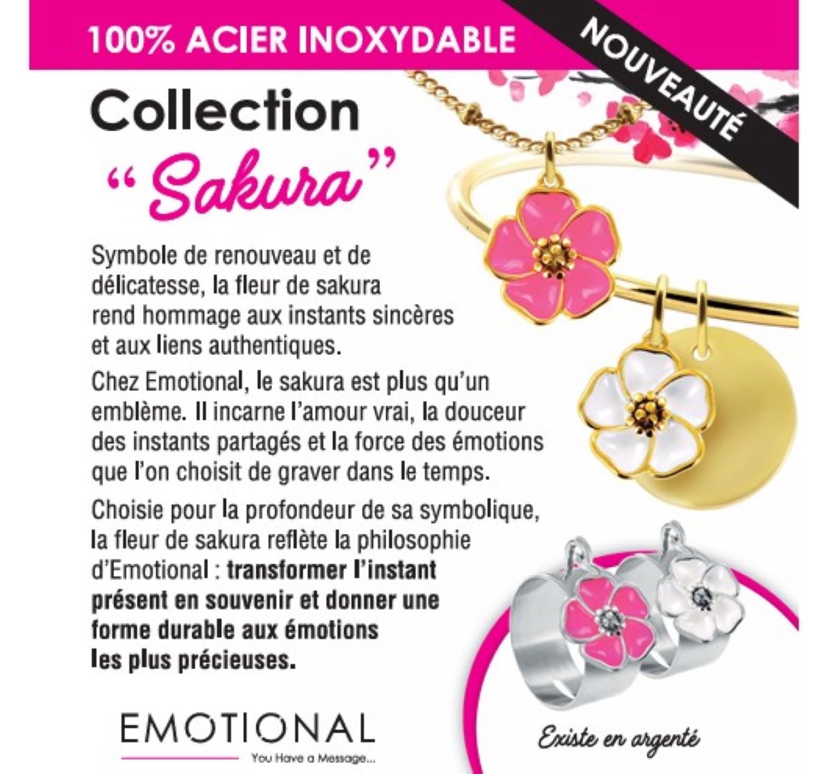 Prêt à vendre Création EMOTIONAL 22 Bijoux fleur de Sakura (4 colliers/4 Bracelets /4 Bagues/2 paires de Boucles d'oreilles/8 joncs) en acier inoxydable argenté et doré / Support offert